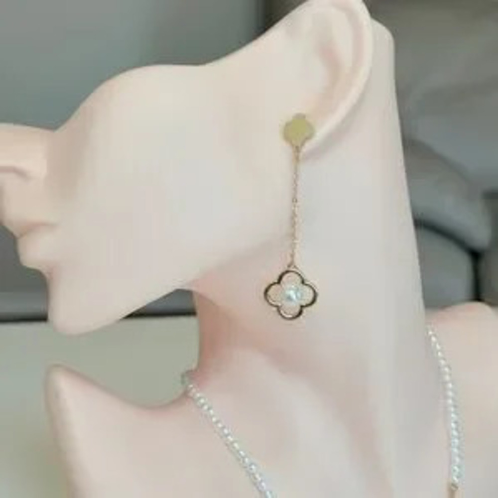 Gold Clover Pearl Drop Earrings